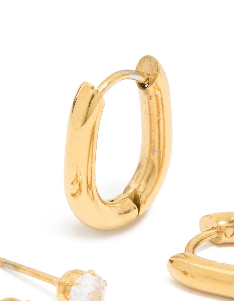 Waterproof Gold Plated Stainless Steel Rectangle Hoop Earrings & Cubic Zirconia Studs 2-Pack