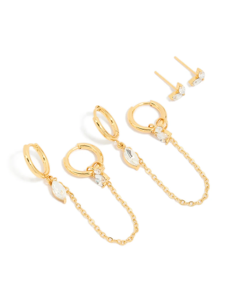 Waterproof Gold Plated Stainless Steel Diamante Chain Earrings 2- Pack