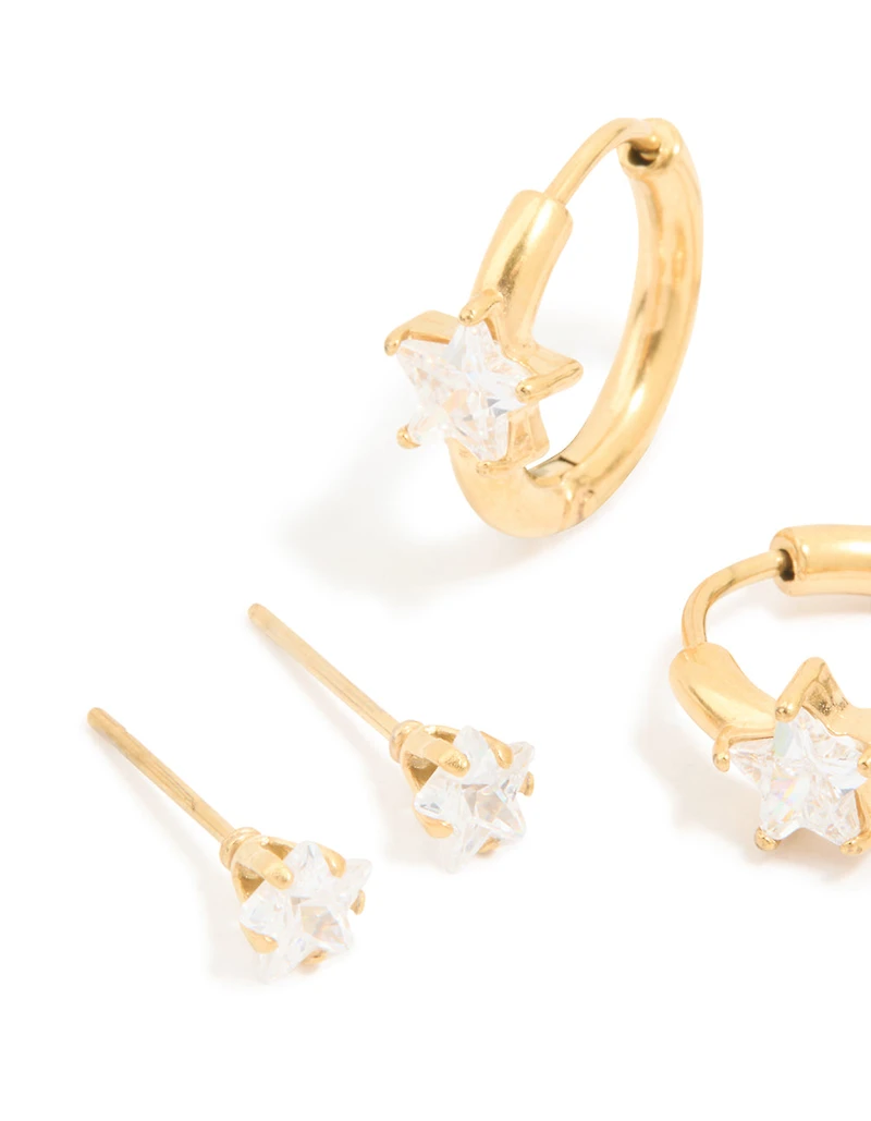 Waterproof Gold Plated Stainless Steel Cubic Zirconia Huggie & Stud Earrings 3-Pack