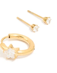 Waterproof Gold Plated Stainless Steel Cubic Zirconia Huggie & Stud Earrings 3-Pack