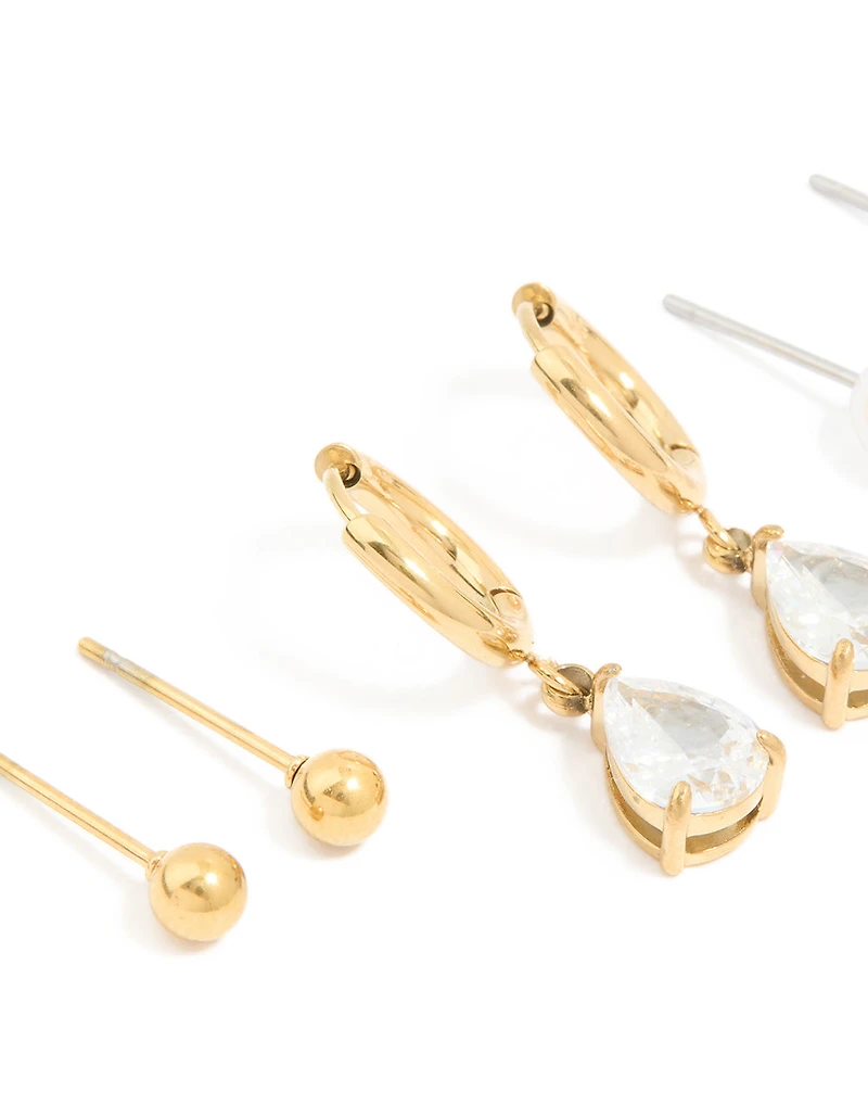 Waterproof Gold Plated Stainless Steel Cubic Zirconia & Pearl Ear Stacking Pack