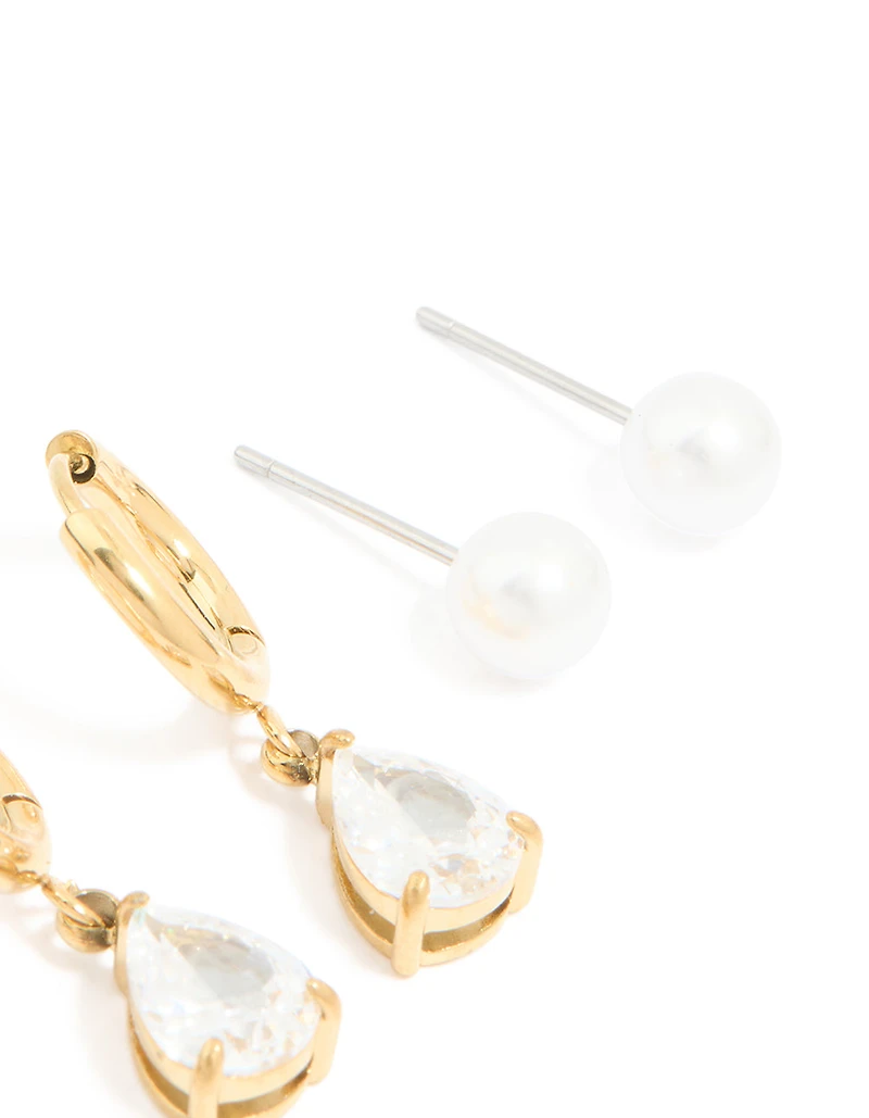 Waterproof Gold Plated Stainless Steel Cubic Zirconia & Pearl Ear Stacking Pack