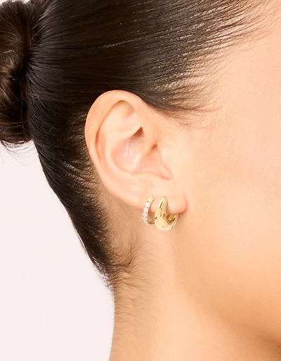 Waterproof Gold Plated Stainless Steel Cubic Zirconia & Chubby huggie Earrings Set