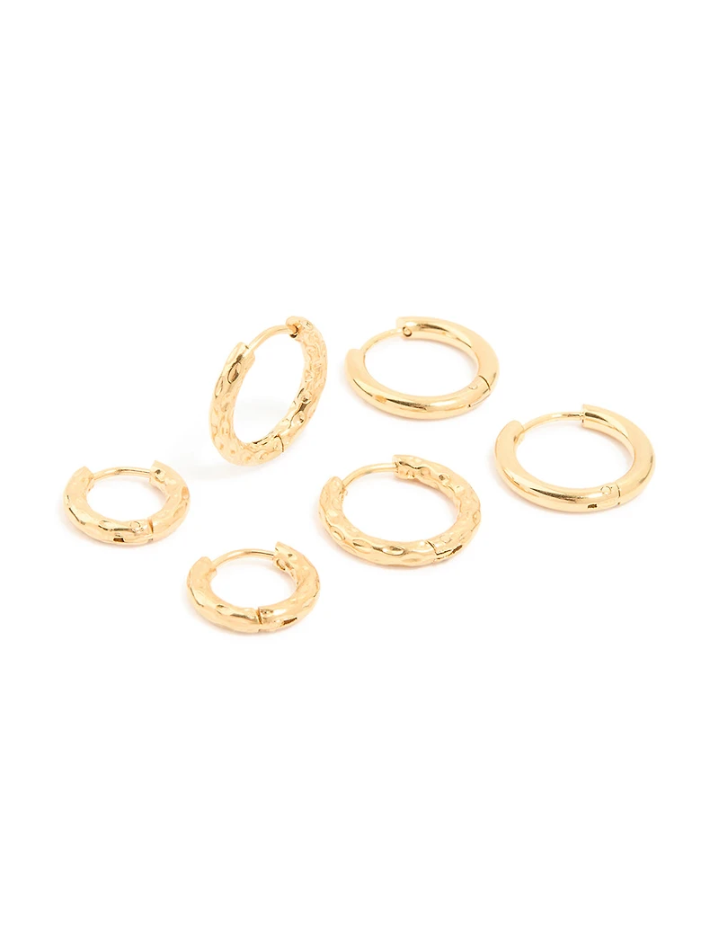 Waterproof Gold Plated Stainless Steel Mixed Detail Huggie Earrings 3-Pack