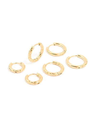 Waterproof Gold Plated Stainless Steel Mixed Detail Huggie Earrings 3-Pack