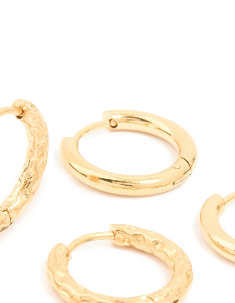 Waterproof Gold Plated Stainless Steel Mixed Detail Huggie Earrings 3-Pack