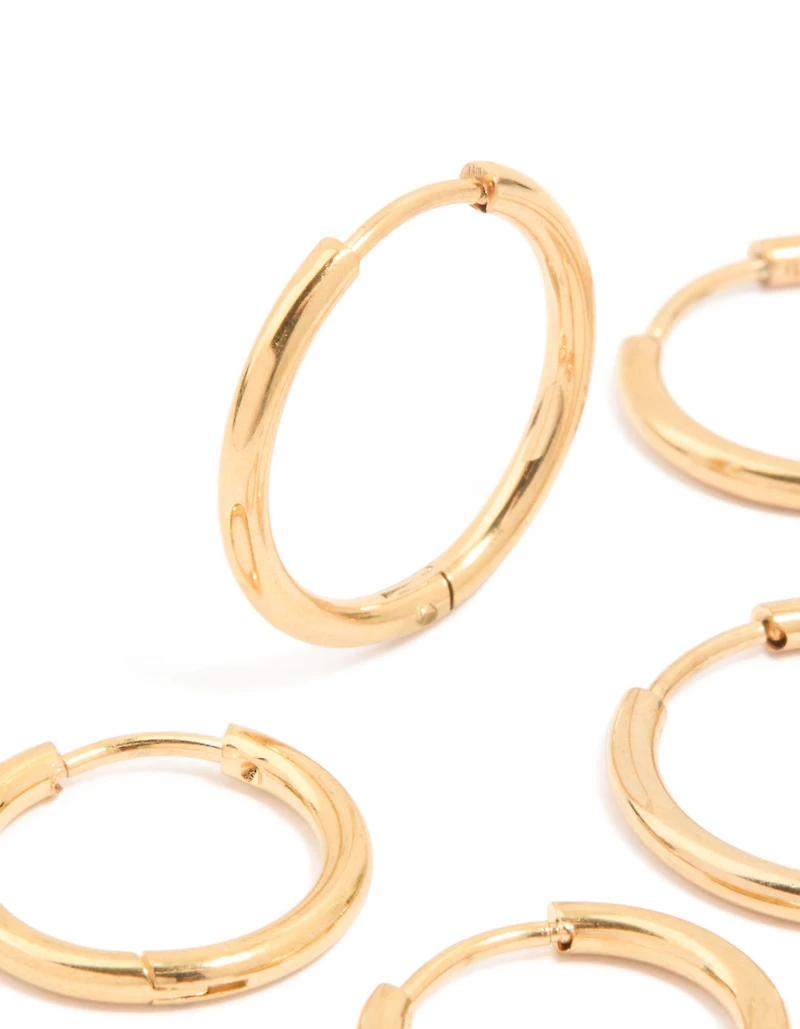 Waterproof Gold Plated Stainless Steel Classic Huggie Clicker Earrings 3-Pack