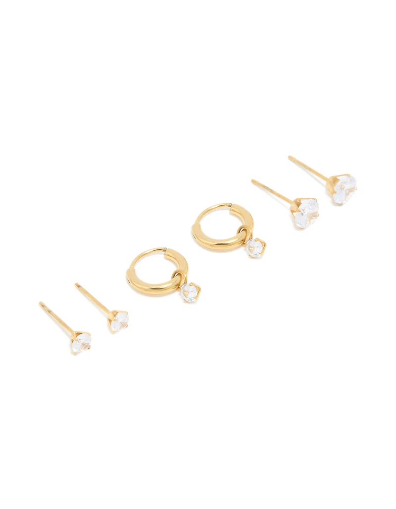 Waterproof Gold Plated Stainless Steel Cubic Zirconia Hoop & Stud Earrings 3-Pack