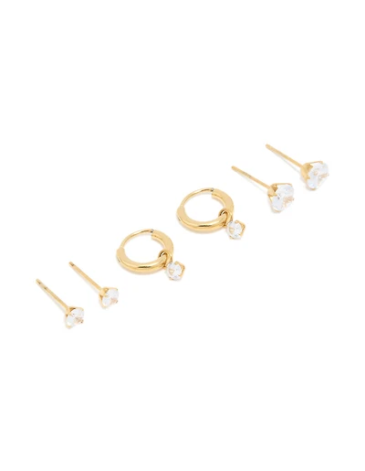 Waterproof Gold Plated Stainless Steel Cubic Zirconia Hoop & Stud Earrings 3-Pack