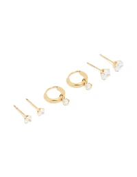 Waterproof Gold Plated Stainless Steel Cubic Zirconia Hoop & Stud Earrings 3-Pack