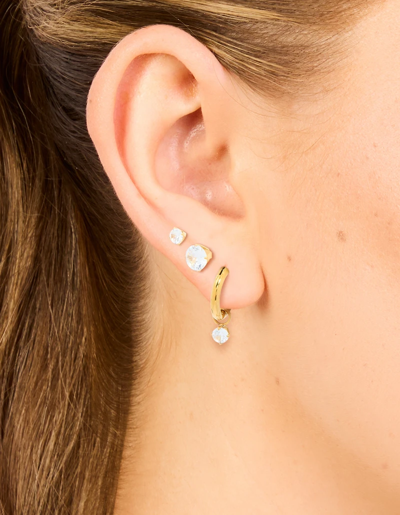 Waterproof Gold Plated Stainless Steel Cubic Zirconia Hoop & Stud Earrings 3-Pack