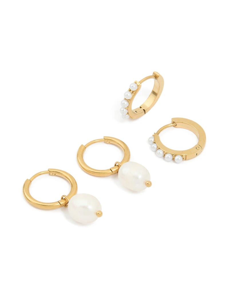 Waterproof Gold Plated Stainless Steel Pearl Detail Huggie Earrings 2-Pack