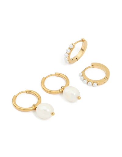 Waterproof Gold Plated Stainless Steel Pearl Detail Huggie Earrings 2-Pack