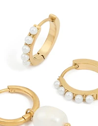 Waterproof Gold Plated Stainless Steel Pearl Detail Huggie Earrings 2-Pack