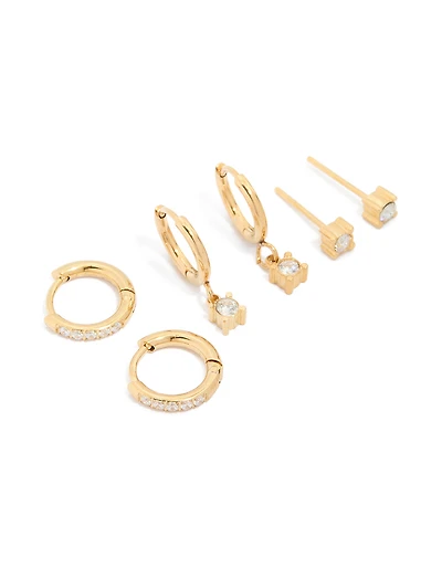 Waterproof Gold Plated Stainless Steel Diamante Earrings 3-Pack