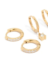 Waterproof Gold Plated Stainless Steel Diamante Earrings 3-Pack