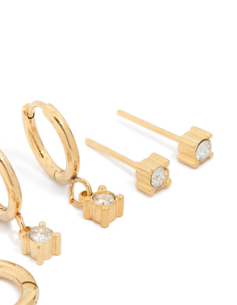 Waterproof Gold Plated Stainless Steel Diamante Earrings 3-Pack