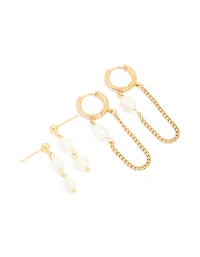 Waterproof Gold Plated Stainless Steel Pearl Drop & Chain Earrings 2-Pack