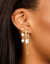 Waterproof Gold Plated Stainless Steel Pearl Drop & Chain Earrings 2-Pack