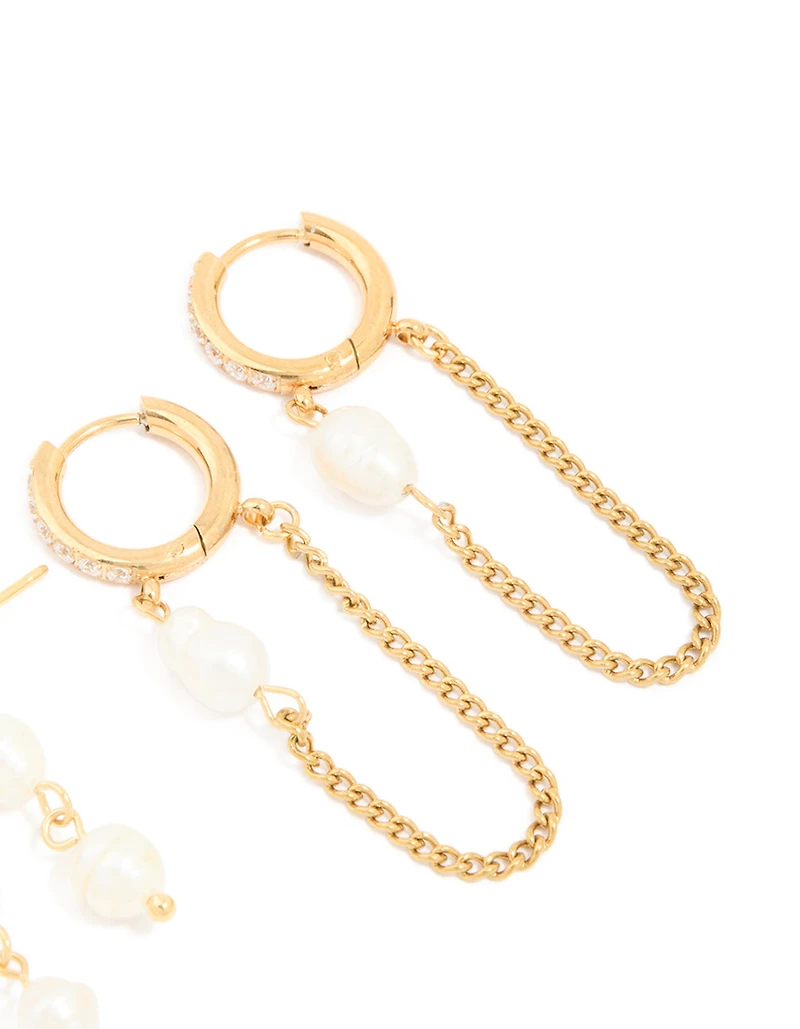 Waterproof Gold Plated Stainless Steel Pearl Drop & Chain Earrings 2-Pack