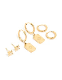 Waterproof Gold Plated Stainless Steel Cubic Zirconia Star Disc & Huggie Earrings 3-Pack