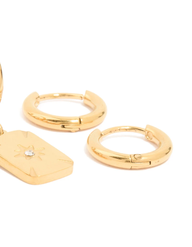 Waterproof Gold Plated Stainless Steel Cubic Zirconia Star Disc & Huggie Earrings 3-Pack