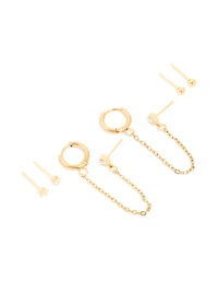 Waterproof Gold Plated Stainless Steel Diamante Stud & Chain Earrings 3-Pack