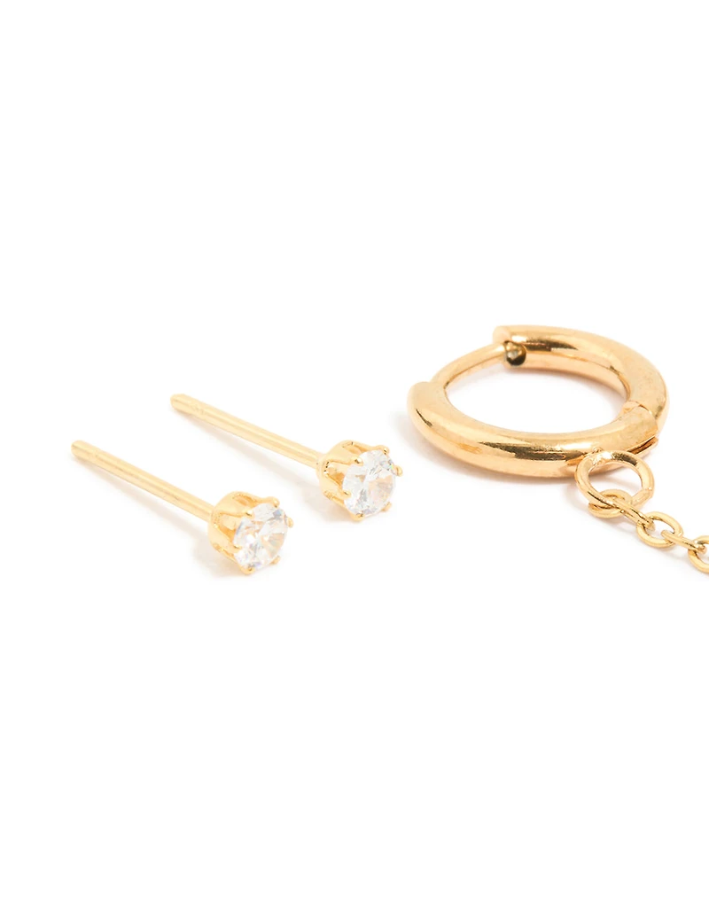 Waterproof Gold Plated Stainless Steel Diamante Stud & Chain Earrings 3-Pack