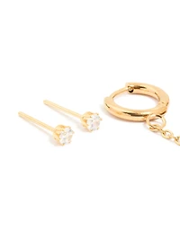 Waterproof Gold Plated Stainless Steel Diamante Stud & Chain Earrings 3-Pack