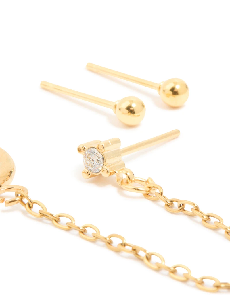 Waterproof Gold Plated Stainless Steel Diamante Stud & Chain Earrings 3-Pack