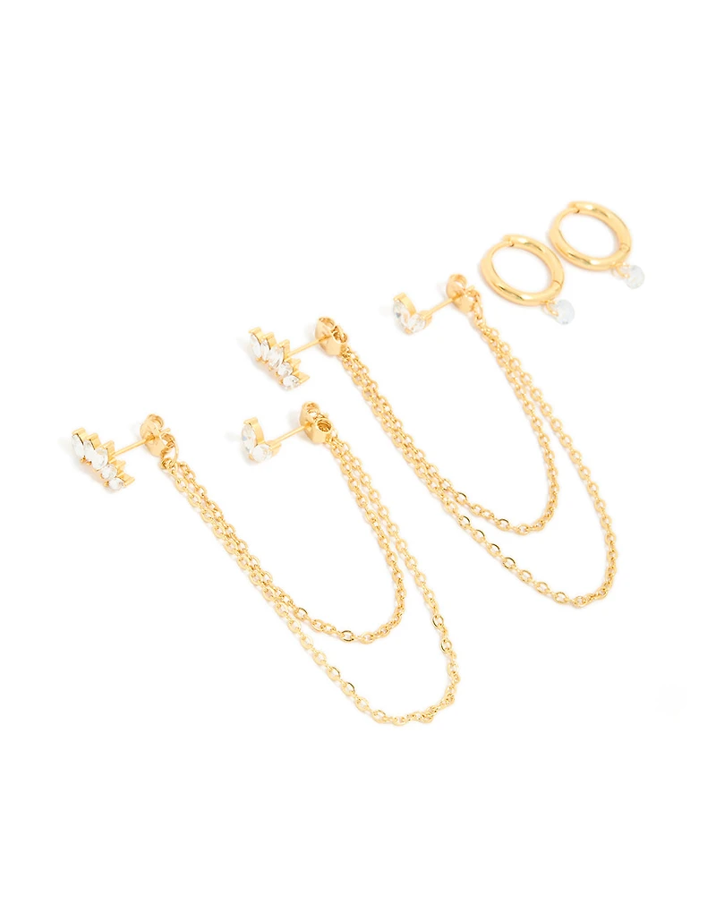 Waterproof Gold Plated Stainless Steel Marquise Earrings 3-Pack