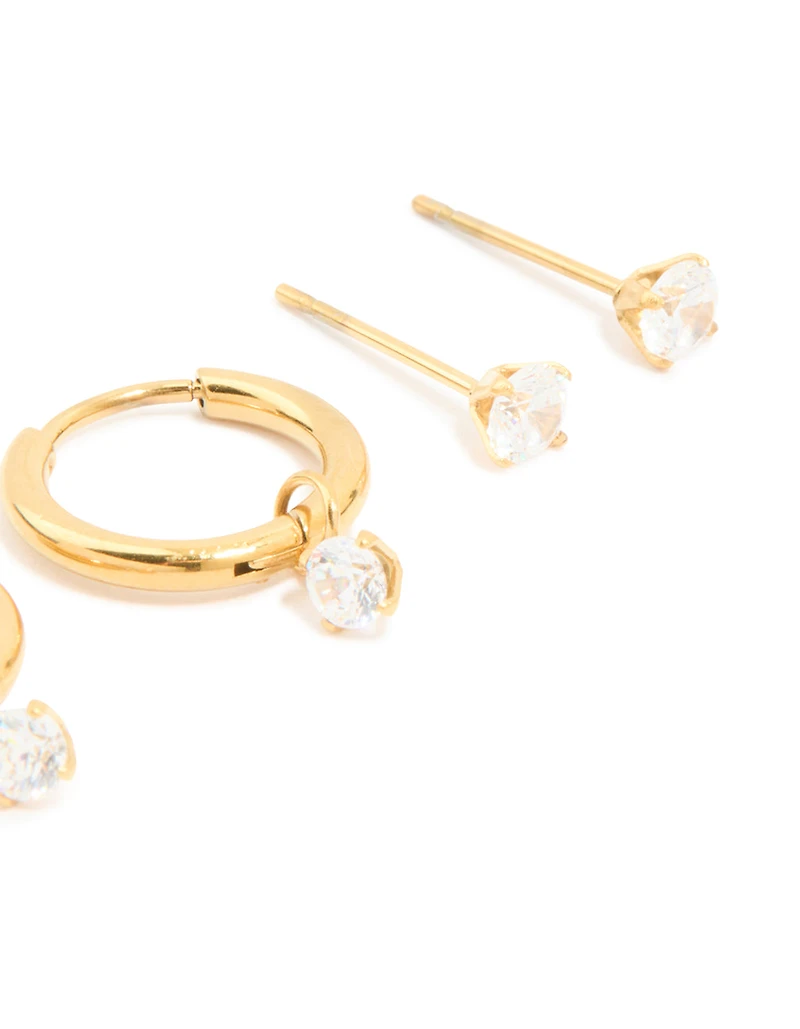 Boucles d’oreilles cubiques en zircone Huggie & Stud en acier inoxydable étanche, plaquées or et étanches, paquet de 3