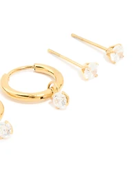 Boucles d’oreilles cubiques en zircone Huggie & Stud en acier inoxydable étanche, plaquées or et étanches, paquet de 3