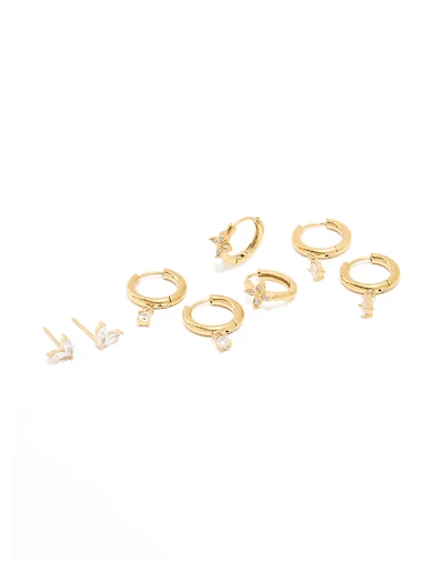 Waterproof Gold Plated Stainless Steel Cubic Zirconia Huggie & Stud Earrings Set