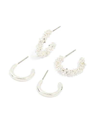 Silver Smooth & Molten Textured Hoop Earrings 2-Pack