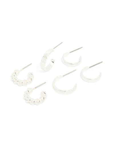 Silver Twisted & Textured Open Hoop Earrings 3-Pack