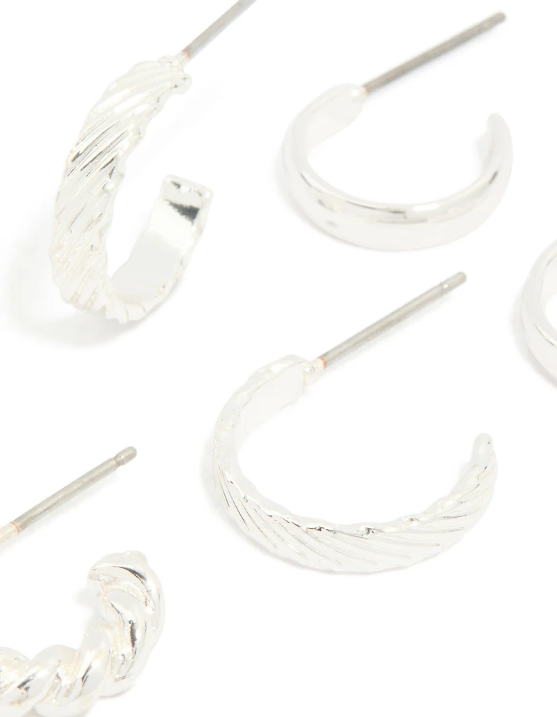 Silver Twisted & Textured Open Hoop Earrings 3-Pack