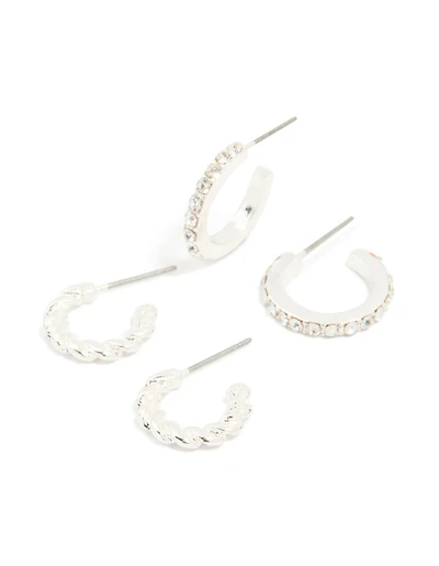 Silver Twisted & Diamante Hoop Earrings 2-Pack