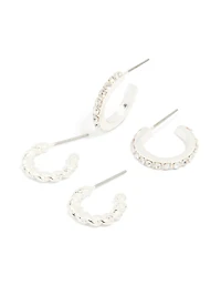 Silver Twisted & Diamante Hoop Earrings 2-Pack