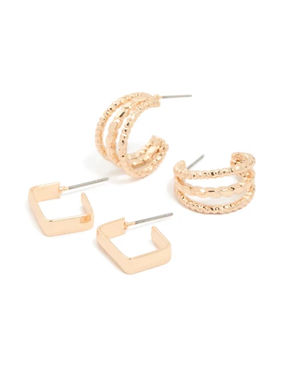 Gold Rectangle & Double Hoop Earrings 2-Pack