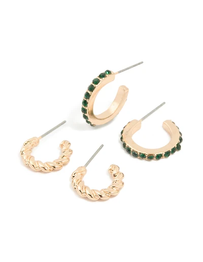 Gold Twisted & Green Diamante Hoop Earrings 2-Pack