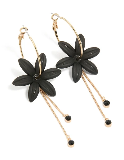 Gold Diamante Black Flower Chain Drop Earrings