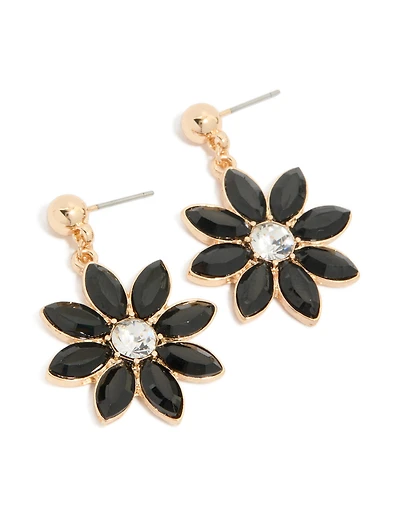 Gold Diamante Black Flower Drop Earrings