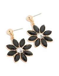 Gold Diamante Black Flower Drop Earrings