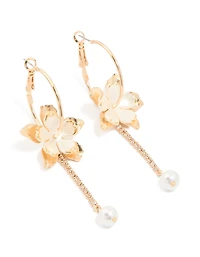 Gold Pearl Flower Diamante Cupchain Drop Earrings