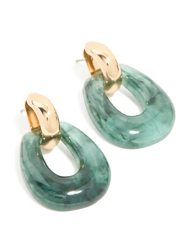 Gold Green Marbled Acrylic Doorknocker Drop Earrings