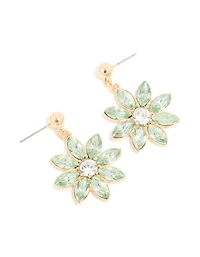 Gold Green Diamante Flower Drop Earrings