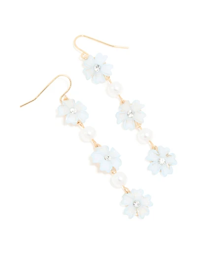 Gold Pearl Centre Blue Flowers Drop Earrings