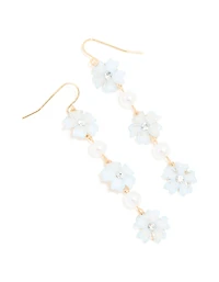 Gold Pearl Centre Blue Flowers Drop Earrings