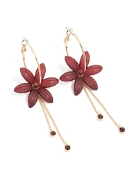 Gold Diamante Red Flower Chain Drop Earrings